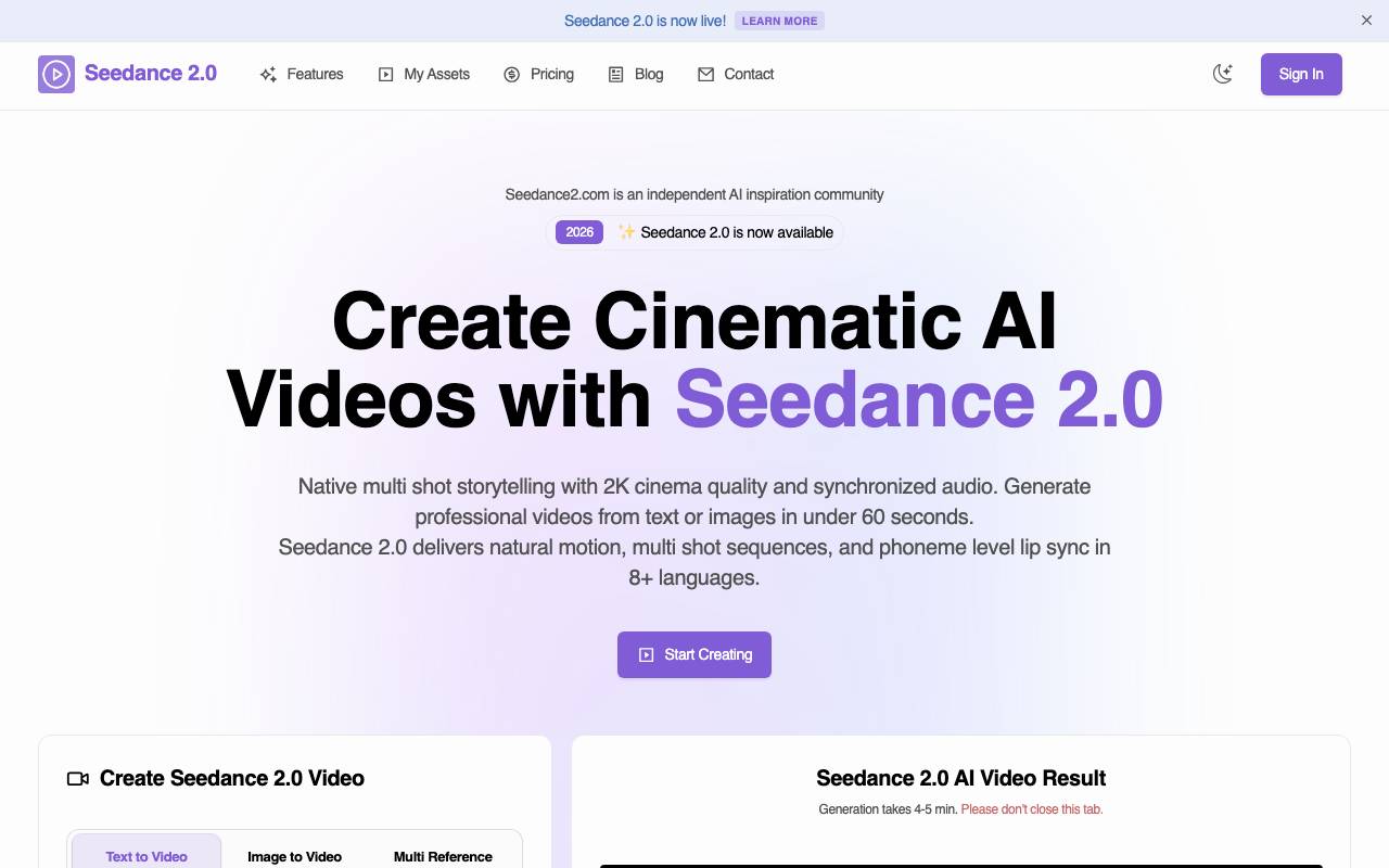 Seedance 2.0 website preview