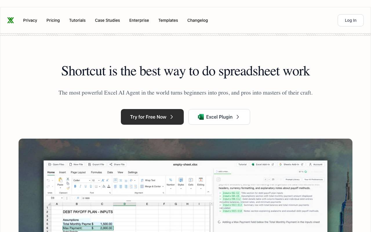 Shortcut (Excel AI) website preview