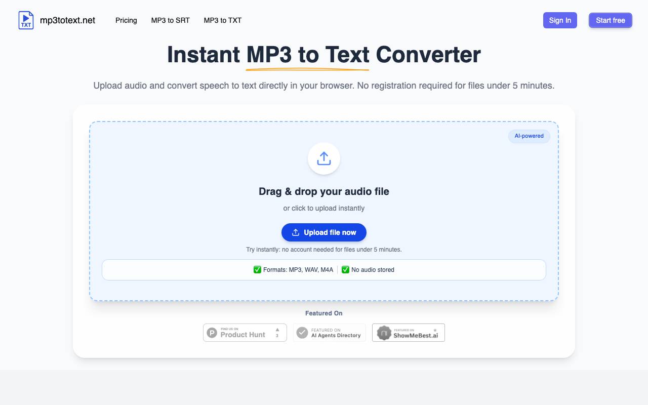 Simple MP3 to Text website preview