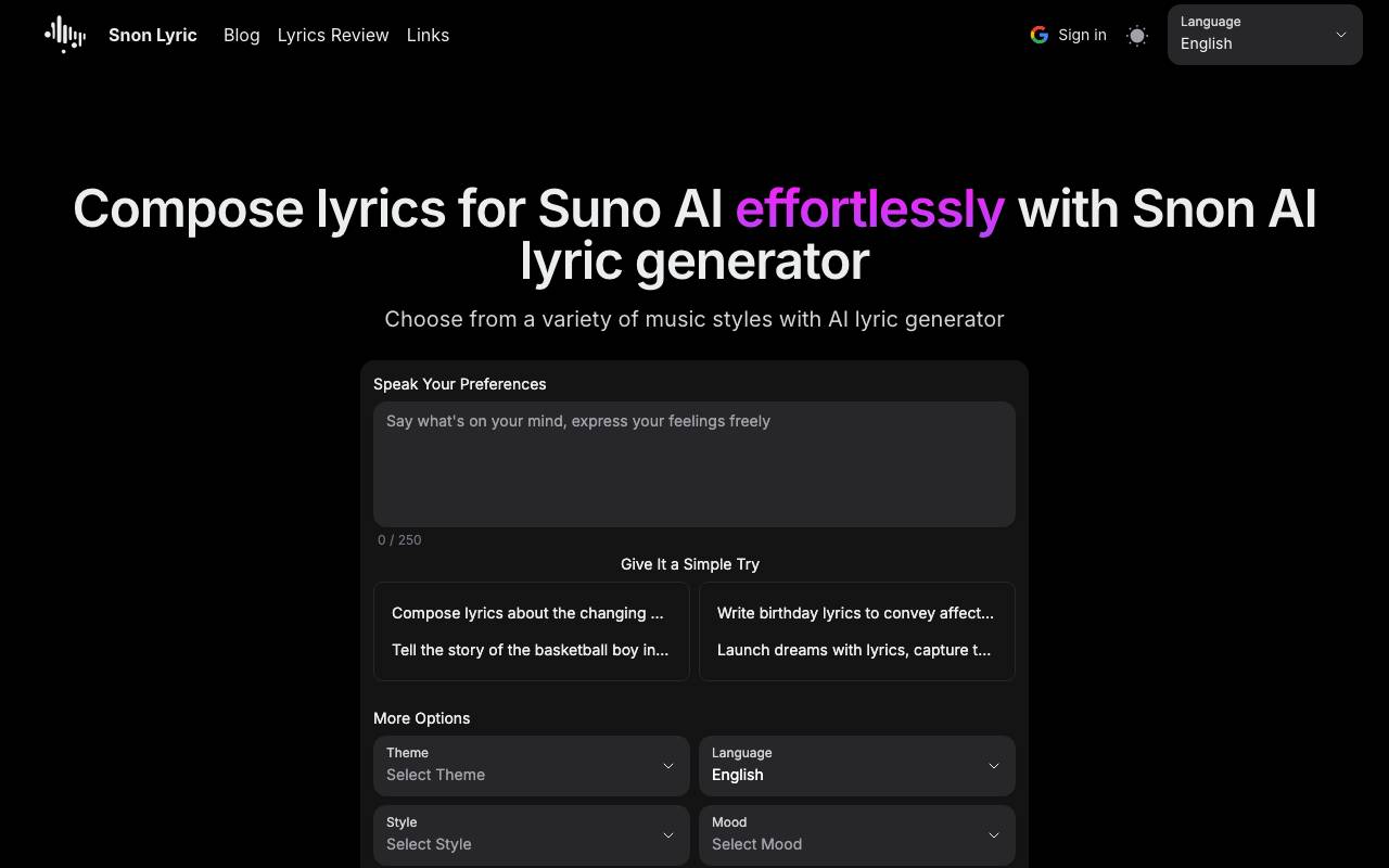 Snon Lyric website preview