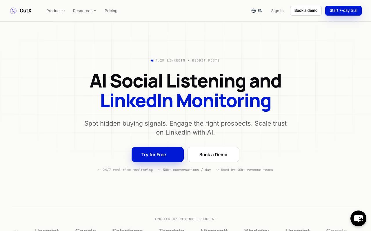 Social listening linkedin | OutX.ai website preview