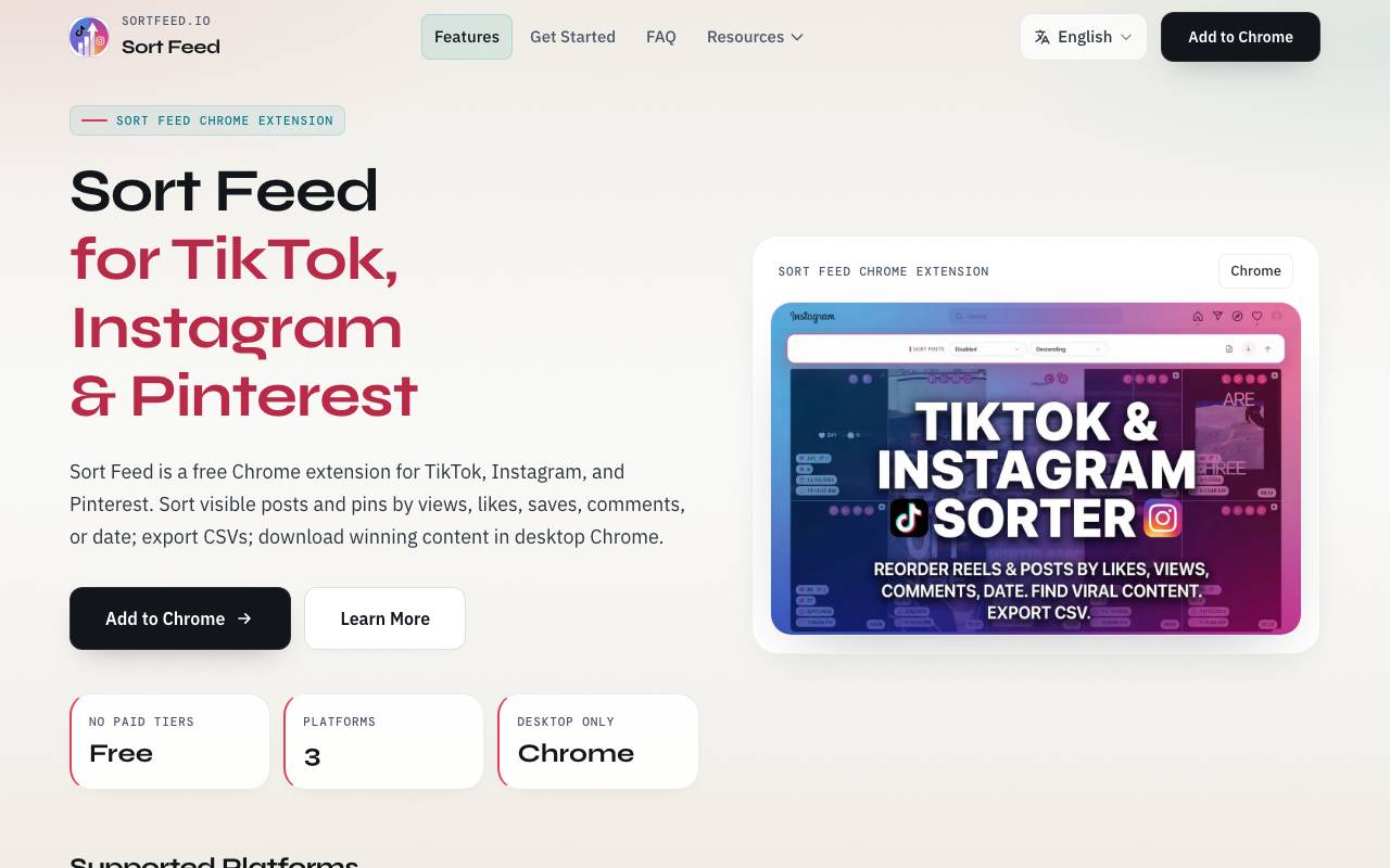 Sort Feed for TikTok and Instagram website preview