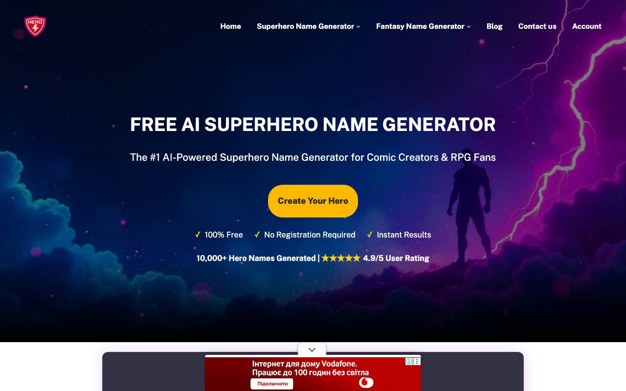 Superhero Name Generator website preview