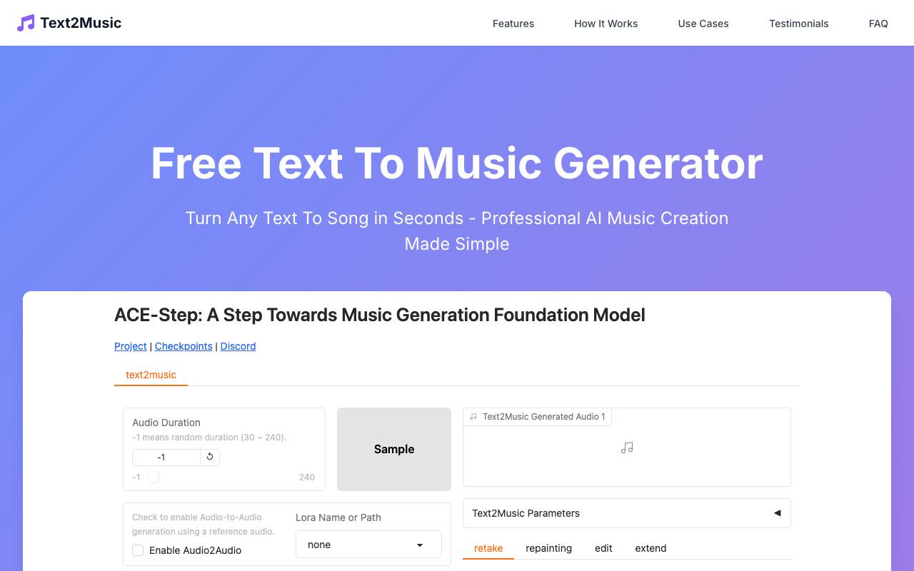 Text2Music website preview