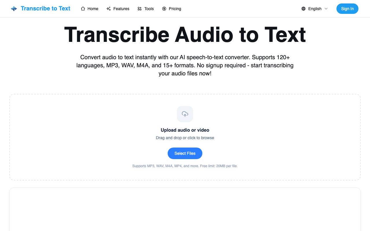 Transcribe Audio to Text website preview