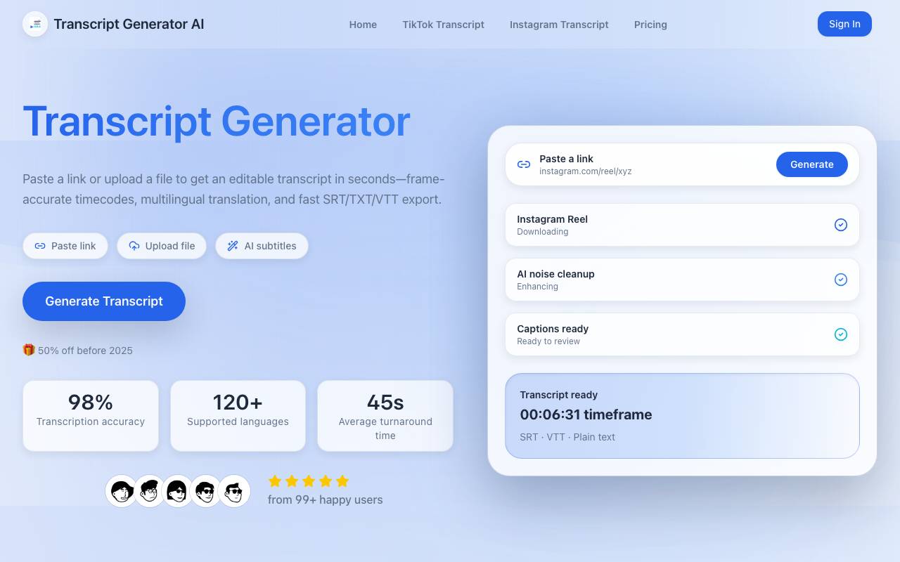 Transcript Generator AI website preview