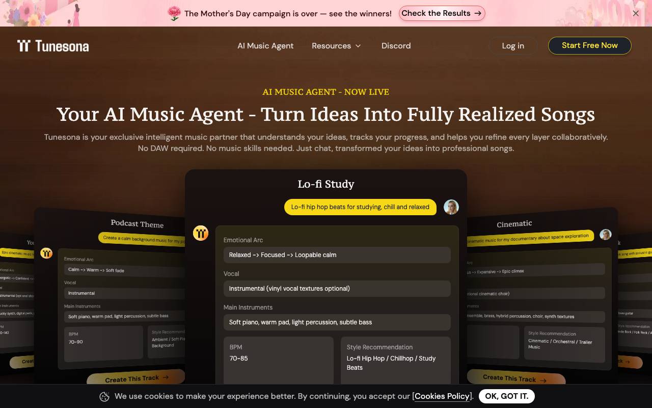 Tunesona AI Music Agent website preview