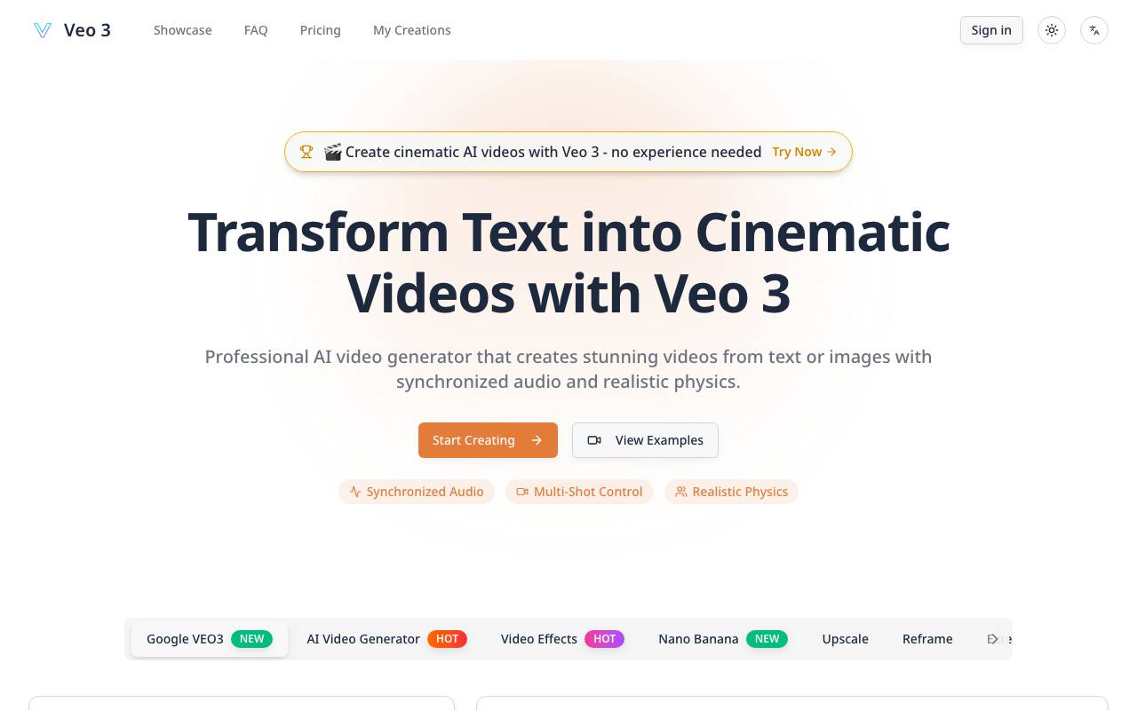 Veo 3.1 - Cinematic AI Video Generator with Audio website preview