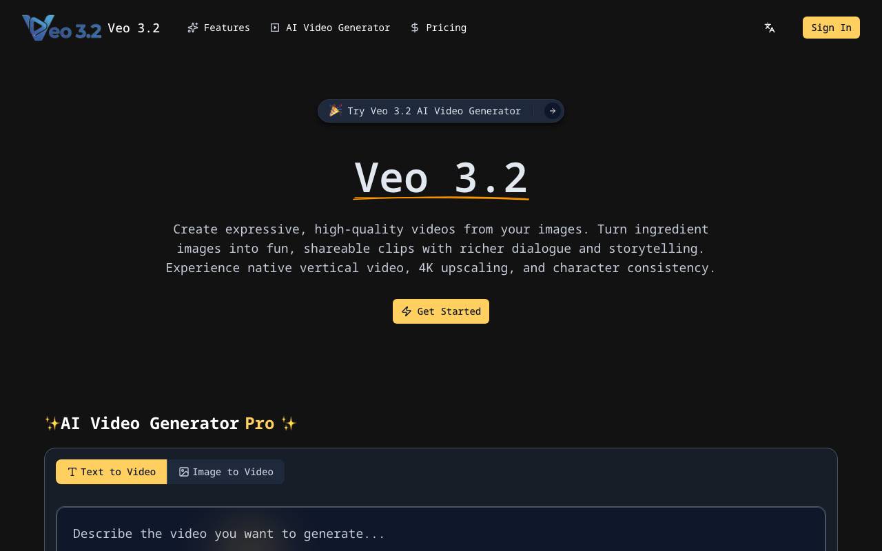 Veo 3.2 AI Video Generator website preview