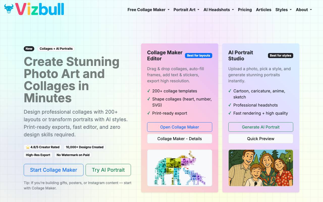 Vizbull – AI Portrait & Art Generator website preview