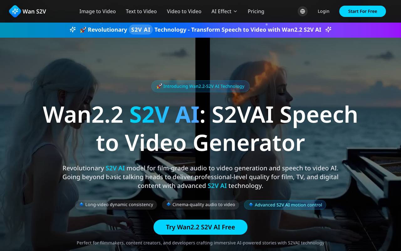 Wan2.2 S2V AI: S2VAI Speech to Vide website preview