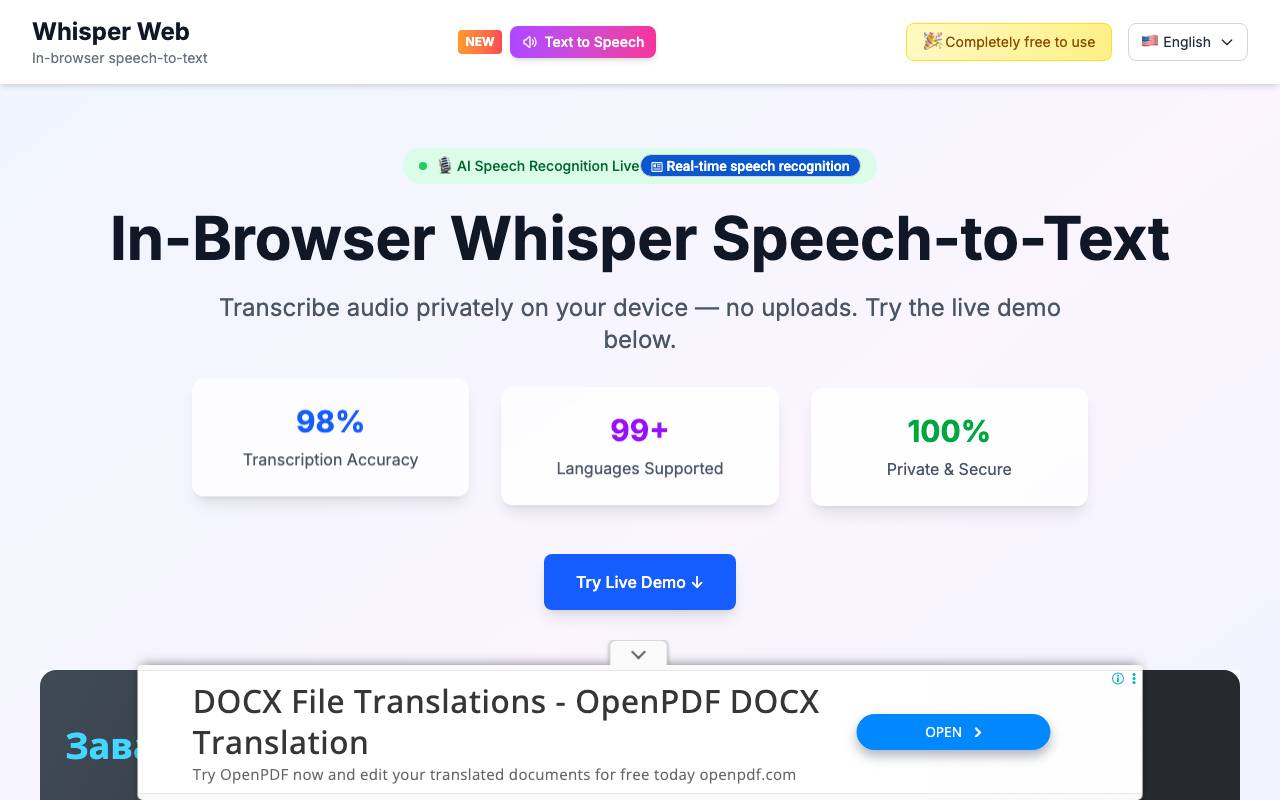 Whisper Web Text-to-Speech website preview