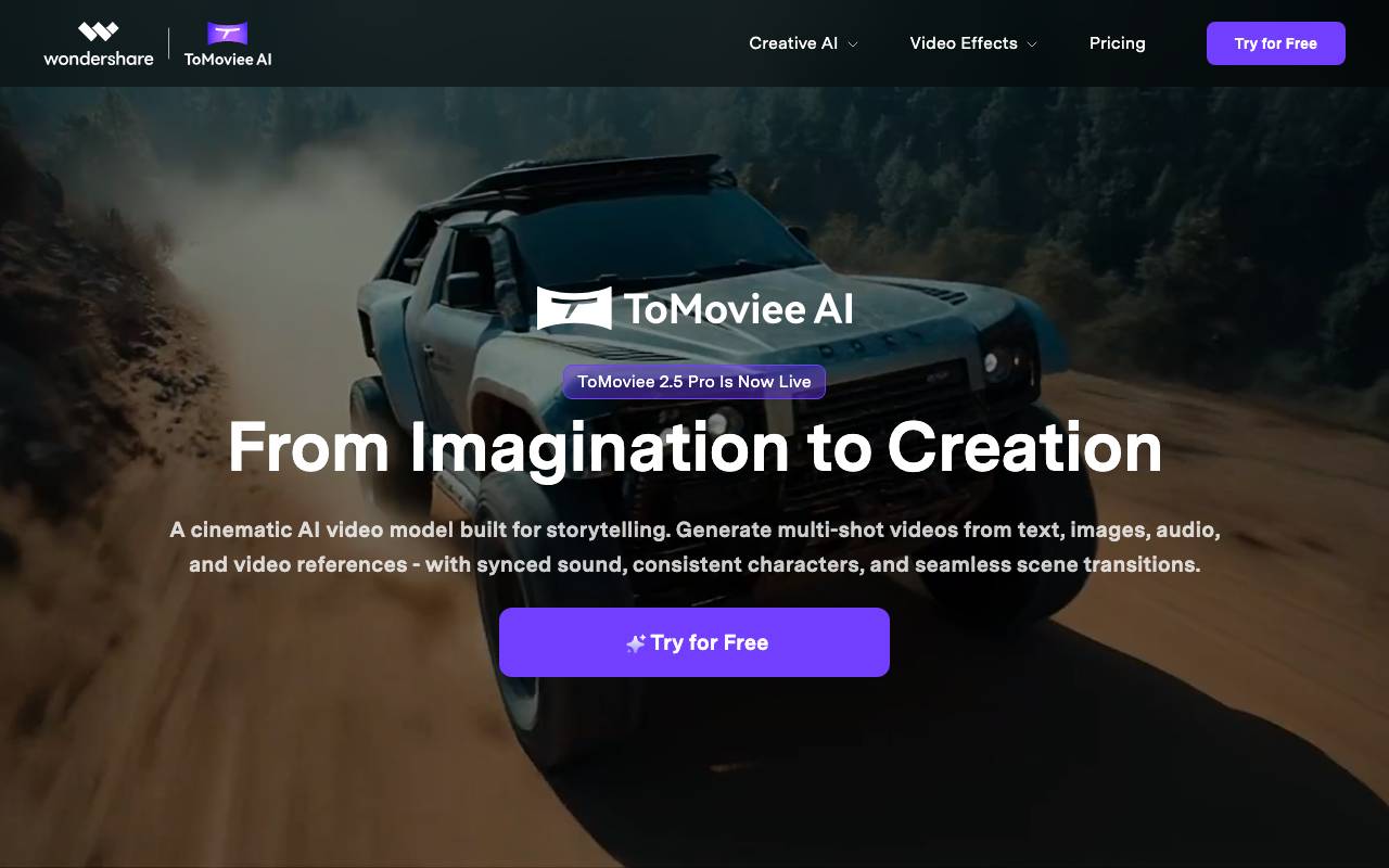 WonderShare ToMoviee AI website preview