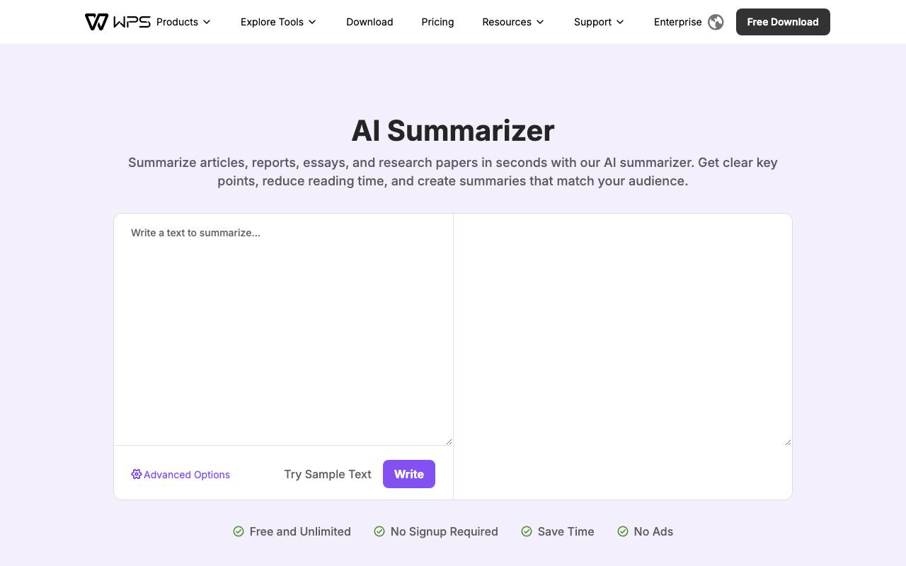 WPS AI Summarizer website preview
