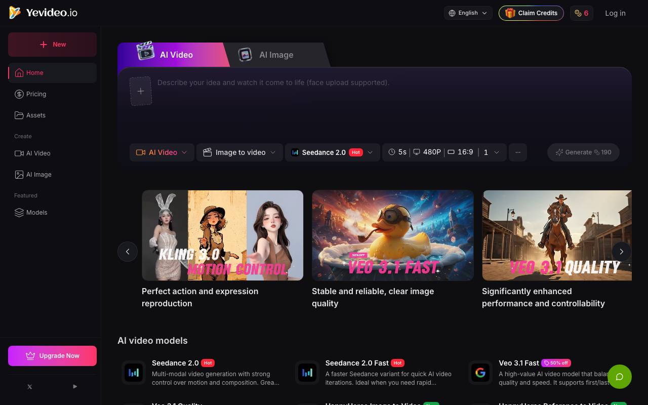 Yevideo - AI Video and Image website preview