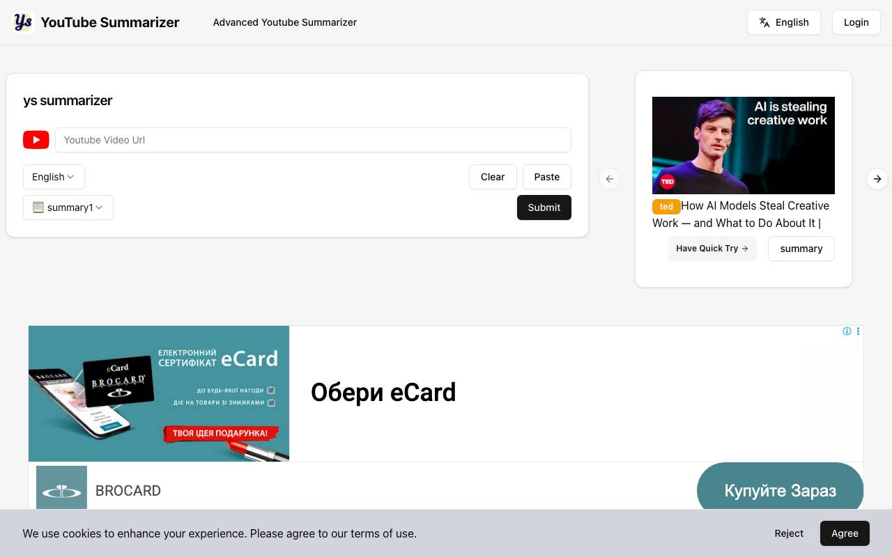 Youtube Sumamrizer website preview